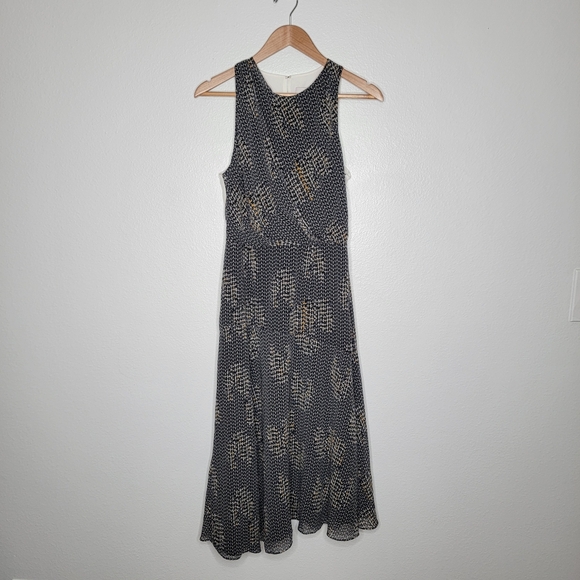 Reiss Naima Bow Detail Midi Dress In Navy and Gold Print Size 6 - Picture 3 of 8